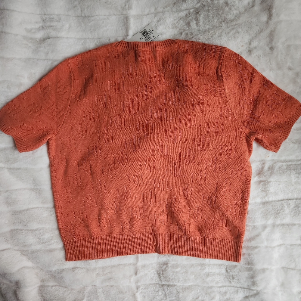 Ralph Lauren Sweater monogram jacquard Sweater short sleeves orange sz petite L - Picture 7 of 8